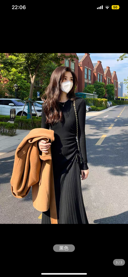 Lin Yaner white knitted dress women's autumn and winter clothing 2023 new French style bottoming autumn and winter sweater dress (D181)