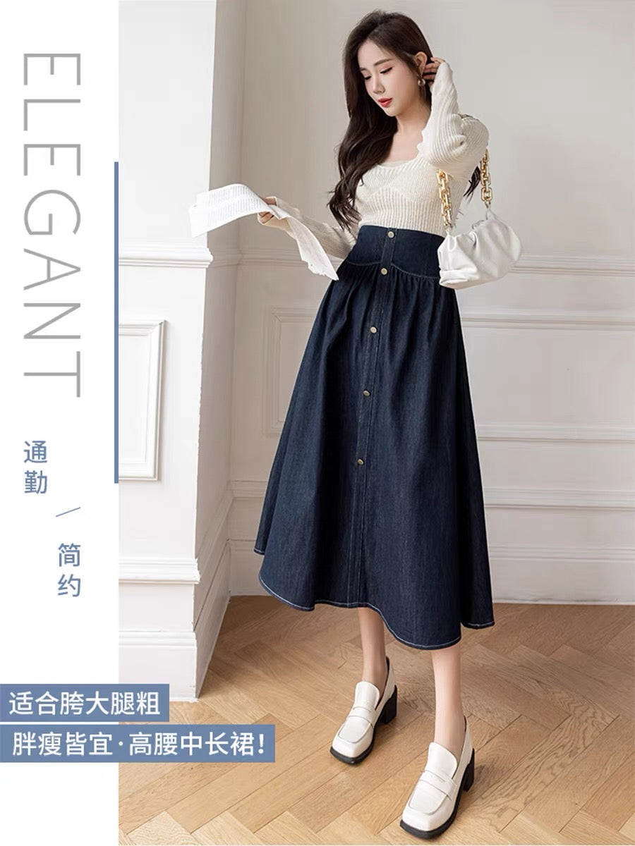 Retro denim skirt women's 2023 spring new design skirt mid-length high-waisted a-line long skirt