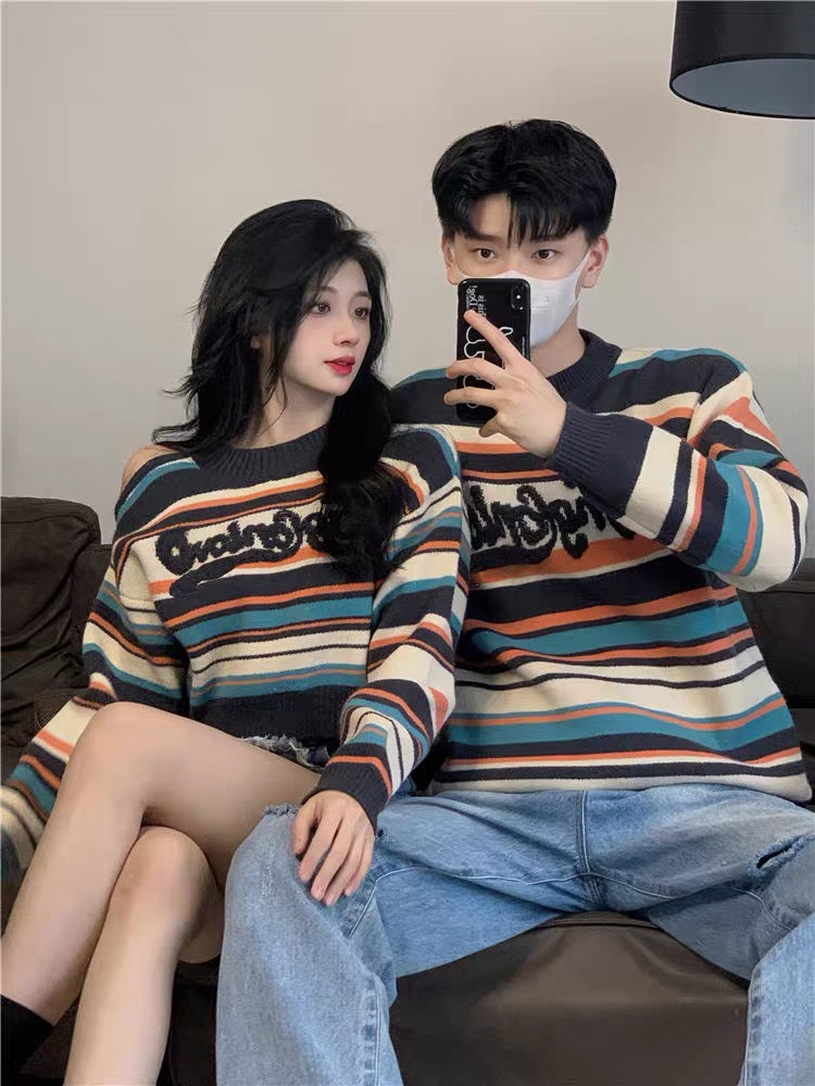 Couple clothing autumn and winter 2023 new trendy brand striped sweaters for men and women, one long and one short, lazy style high-end knitted sweaters