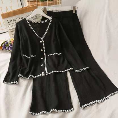 Fashion suit for women 2023 new color matching single row V-neck long-sleeved knitted top elastic waist slimming wide-leg trousers