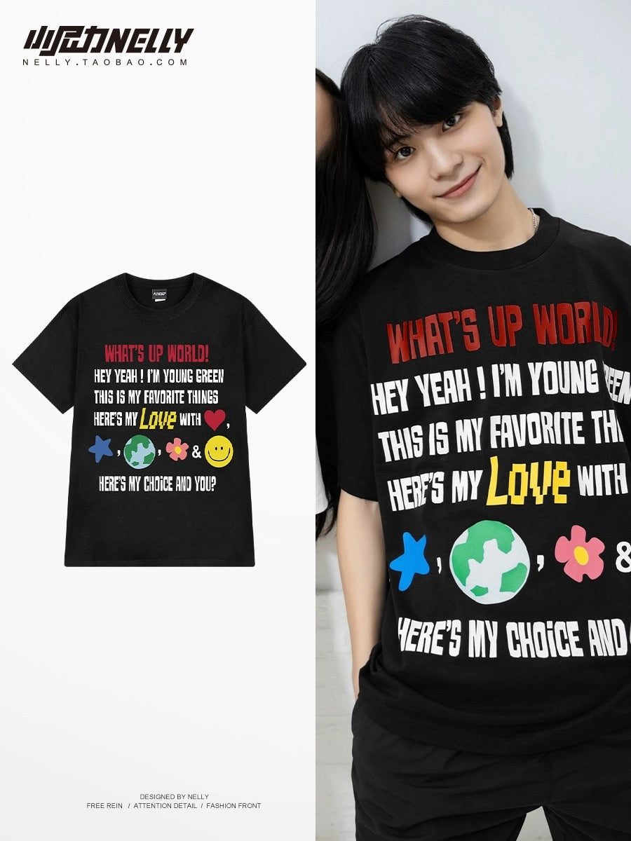 Cute cartoon letter print short-sleeved T-shirt for men and women loose summer heavy cotton design trendy tops