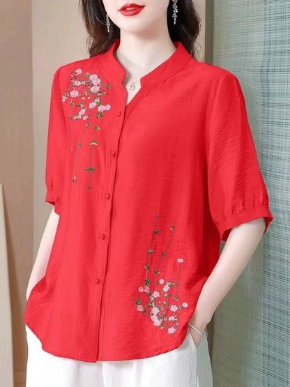 Summer mid-sleeve cotton and linen tops for women 2024 new Chinese style embroidered ladies shirts moms loose linen shirts