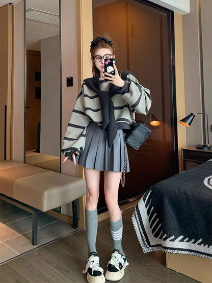 Gray two-piece shawl round neck sweatshirt for women, spring and autumn velvet thickened design niche college style striped top (B6916)