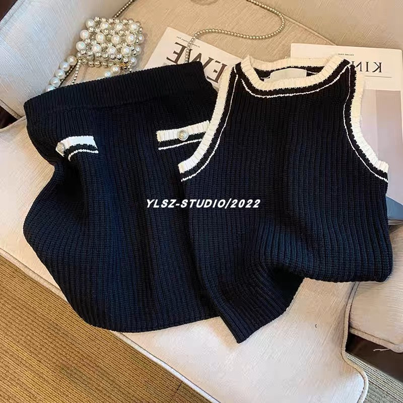 YLSZ customization~Black hot girl sexy short sleeveless knitted vest top covering hips and half body qun two-piece summer set (S116)