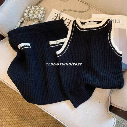 YLSZ customization~Black hot girl sexy short sleeveless knitted vest top covering hips and half body qun two-piece summer set (S116)