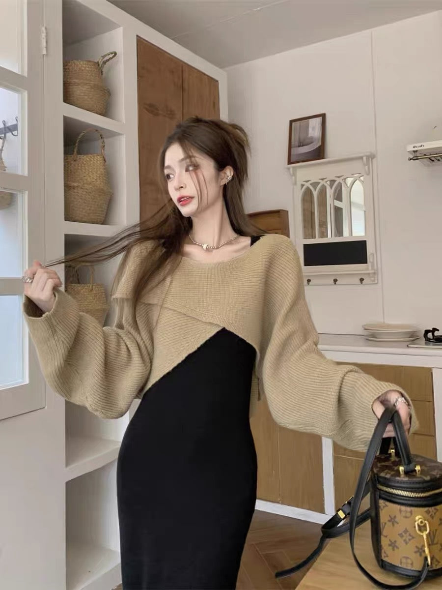 Maternity autumn and winter clothing set, fashionable sweater blouse, fashionable suspender dress, fashionable slimming knitted two-piece set for women