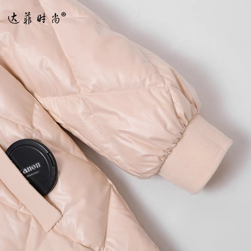 Winter women's clothing 2023 new apricot pink fur collar waist mid-length down jacket thickened knee-high white duck down