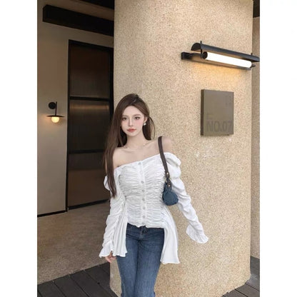 French temperament is unique and chic sexy off-the-shoulder top high-end slim long-sleeved white shirt women's early spring and autumn