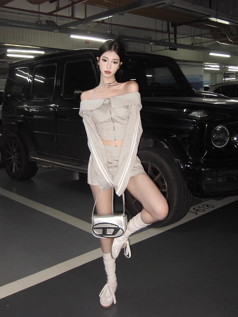 MOXI gray American sports casual one-shoulder college bag hip hot girl skirt drawstring embroidery suit