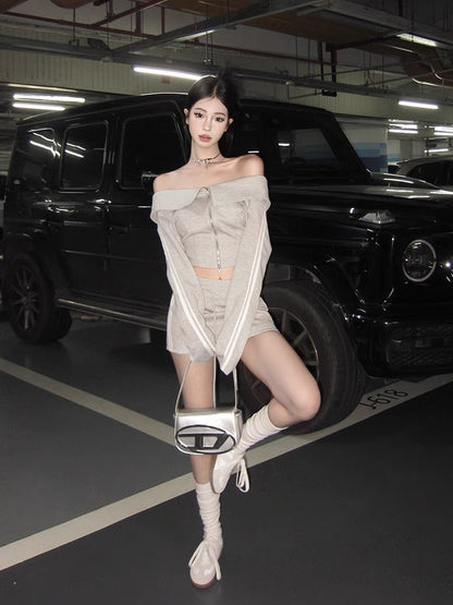 MOXI gray American sports casual one-shoulder college bag hip hot girl skirt drawstring embroidery suit