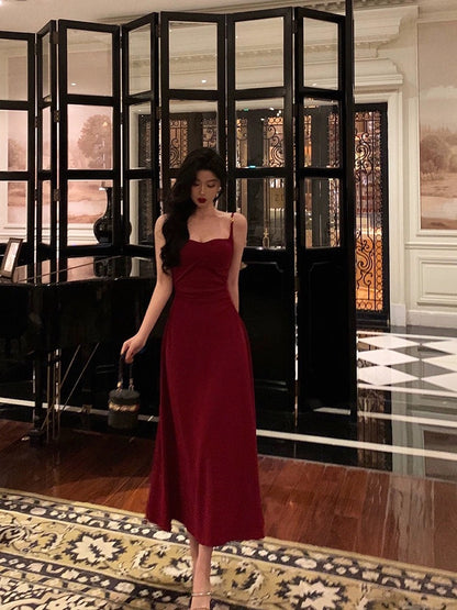 Ge Fuzhen French red suspender dress female 2024 new retro sleeveless temperament A-line waist long skirt