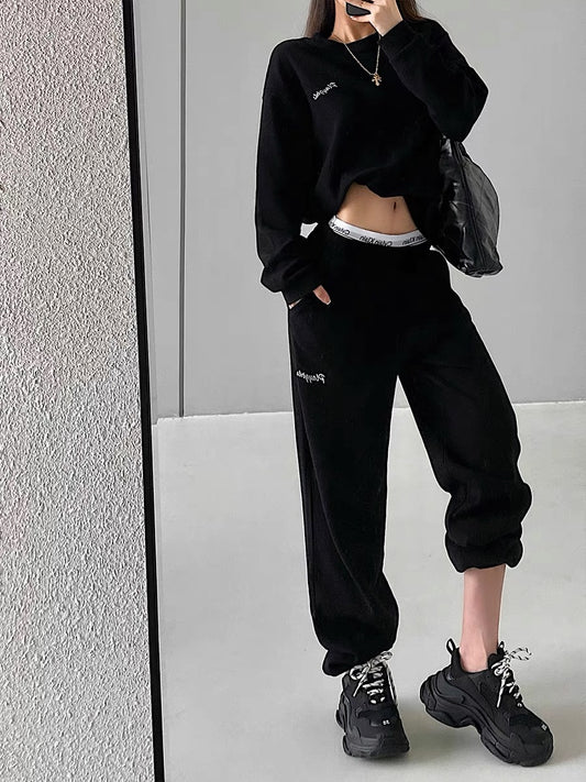 YoungGirlDay European and American loose slimming letter embroidered long-sleeved sweatshirt high-waisted casual sports trousers suit