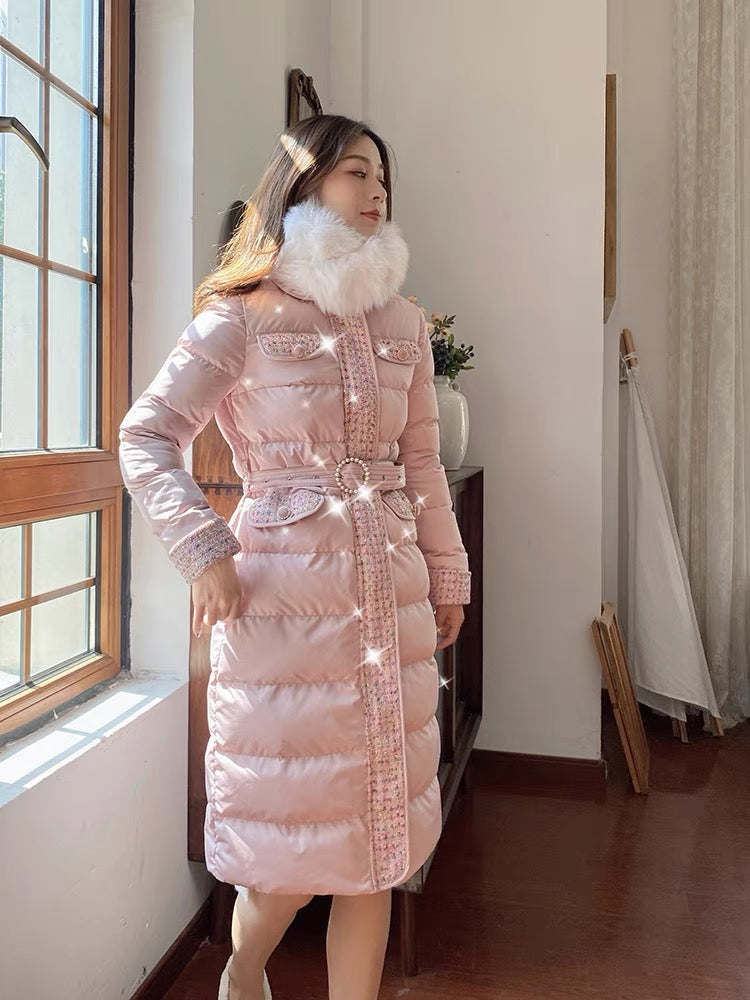 Nori gentle style down cotton coat for women French retro small fragrance style stitching doll collar waist slimming down cotton coat