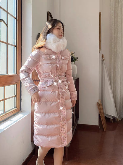 Nori gentle style down cotton coat for women French retro small fragrance style stitching doll collar waist slimming down cotton coat