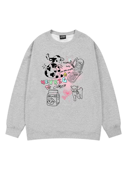 Cartoon dog round neck sweatshirt for men and women in autumn and winter American youth tops with velvet design and versatile outerwear trend