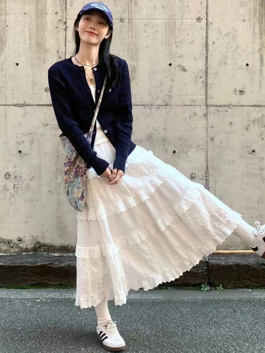 White cake skirt women's summer high waist A-line skirt long skirt design small lace skirt wear