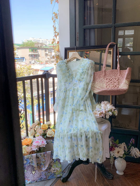 Fish Rabbit Rabbit French Chiffon Dress Women's Medium Length Floral Dress Spring and Summer Gentle Waist Dress