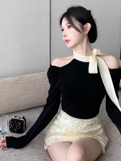 Autumn clothing, versatile halter neck, bow tie, slimming sweater for women, empty shoulder, long-sleeved top, layered with bottoming shirt