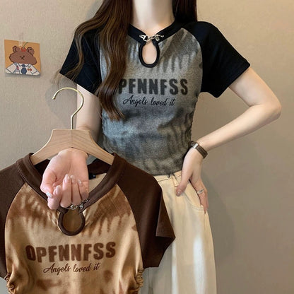 Large size American retro right shoulder T-shirt short-sleeved women's summer irregular hot girl short fat mm belly-covering slimming top