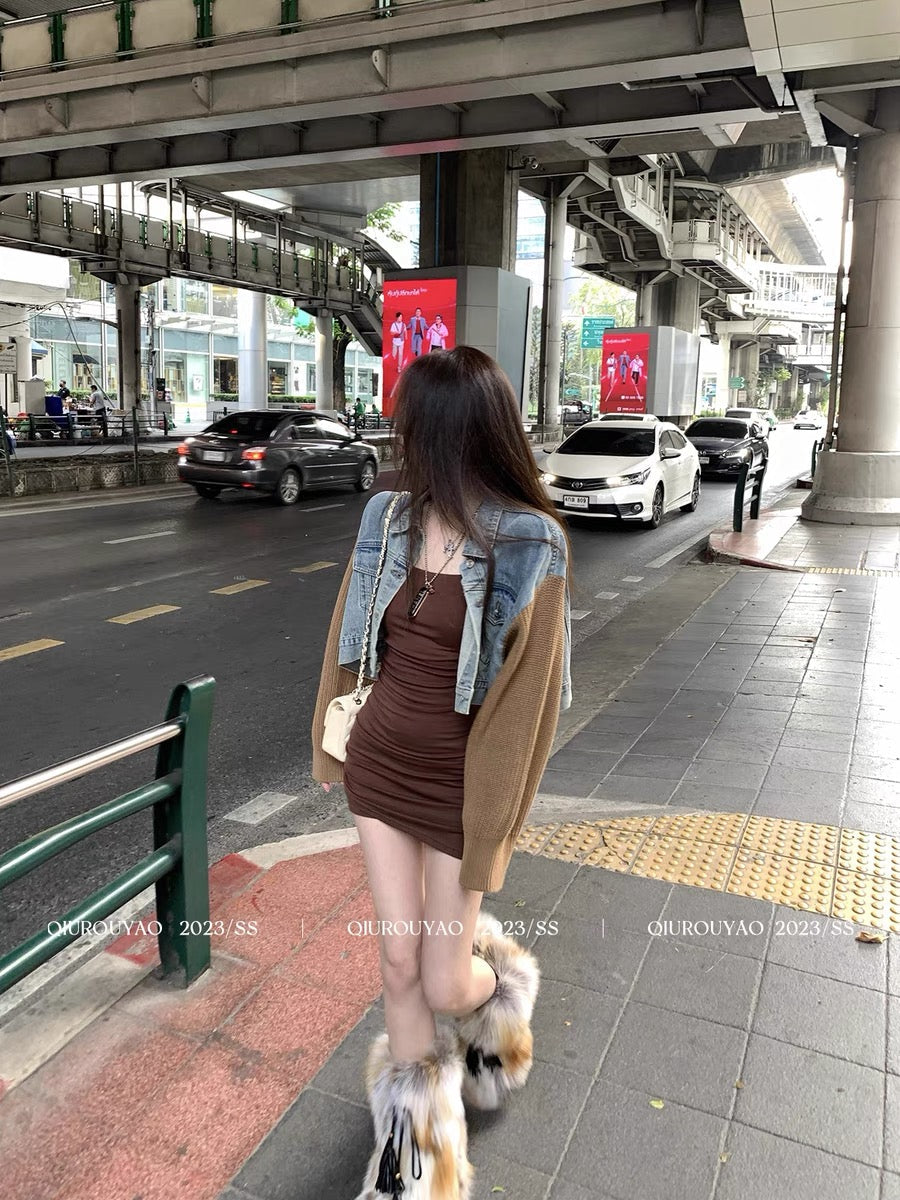Qiu Rouyao's new Korean style retro long-sleeved short style fashionable slim niche temperament high-end denim jacket for women (J0139)
