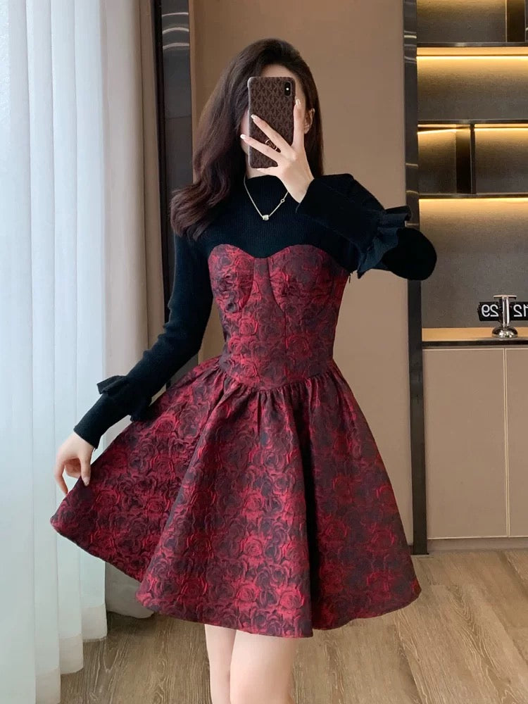 New autumn and winter high-end French style beautiful long-sleeved splicing dress for small women slimming tall red short skirt