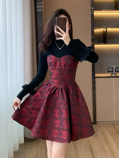 New autumn and winter high-end French style beautiful long-sleeved splicing dress for small women slimming tall red short skirt