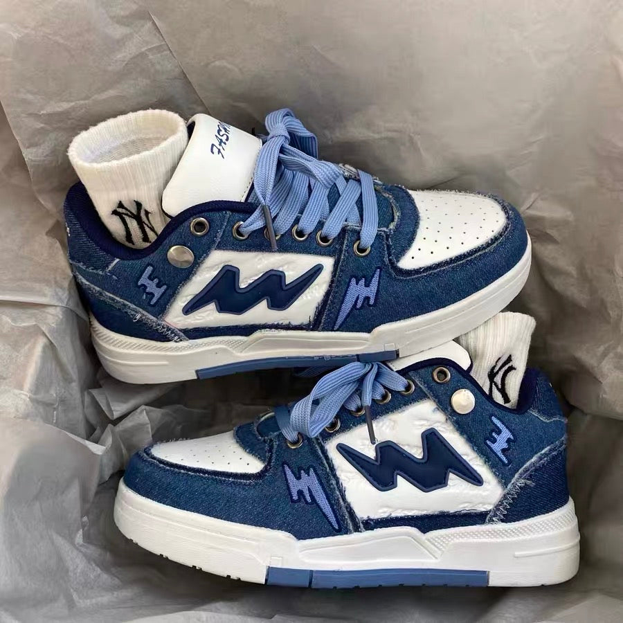 Guochao ins style denim blue splicing trend moral training shoes male chic niche hit color retro couple sports shoes