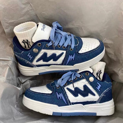 Guochao ins style denim blue splicing trend moral training shoes male chic niche hit color retro couple sports shoes