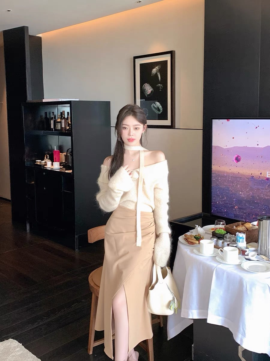 ByYou early autumn new khaki high waist hip skirt women's design mid-length slit slim skirt