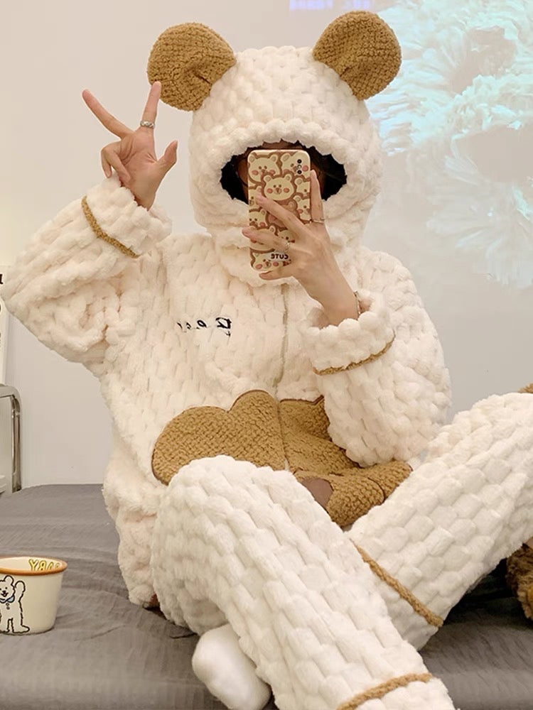 Coral velvet pajamas for women, winter cartoon bear with hood, autumn and winter velvet thickened zipper home clothes that can be worn outside