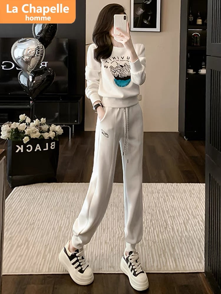 La Chapelle printed long-sleeved casual sports sweatshirt suit for women autumn 2023 new loose and fashionable two-piece set