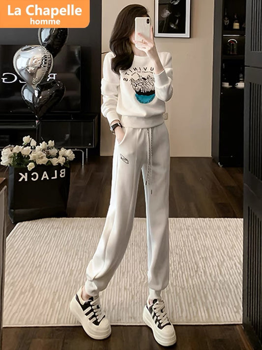La Chapelle printed long-sleeved casual sports sweatshirt suit for women autumn 2023 new loose and fashionable two-piece set