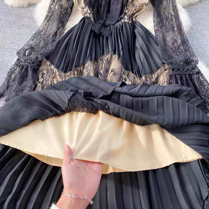 2022 Spring Korean Style Lantern Sleeve Waist Mesh Lace Hollow Splicing Fairy Dress Design Pleated Skirt (D0984)