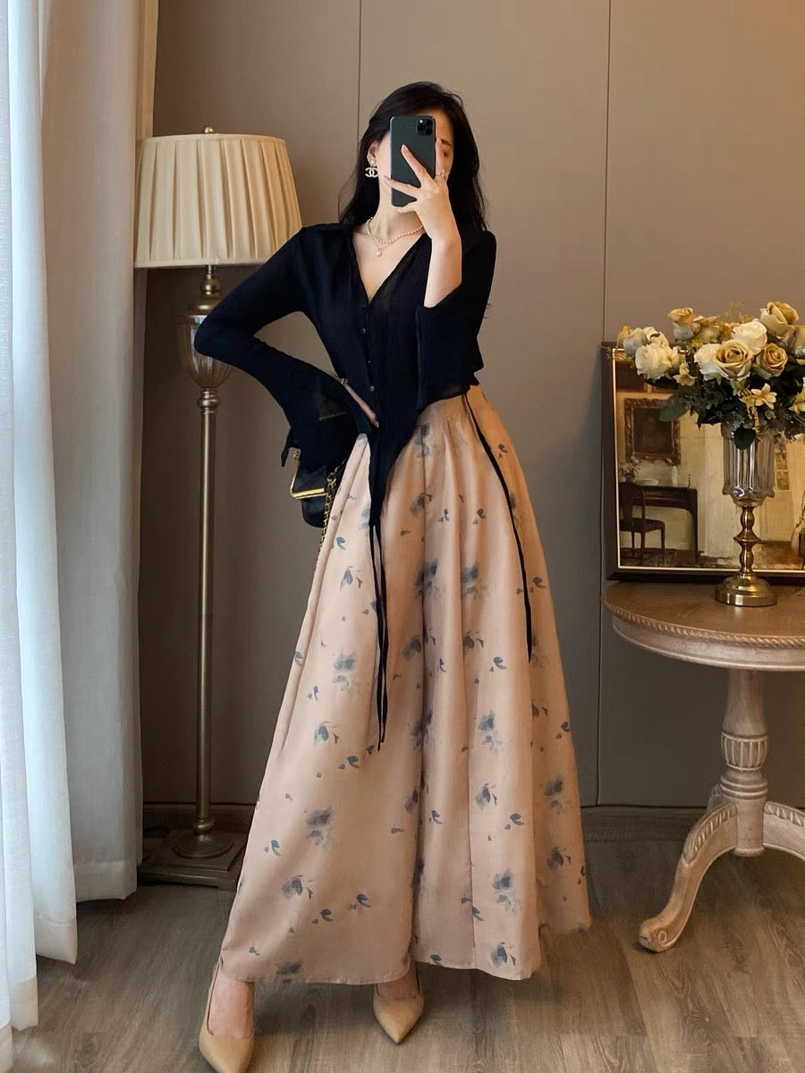 Two-piece suit women's autumn clothes new western style fashionable French retro bottoming velvet dress temperament slim long skirt