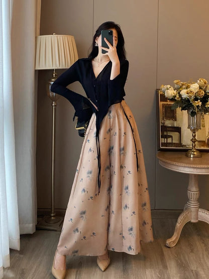 Two-piece suit women's autumn clothes new western style fashionable French retro bottoming velvet dress temperament slim long skirt