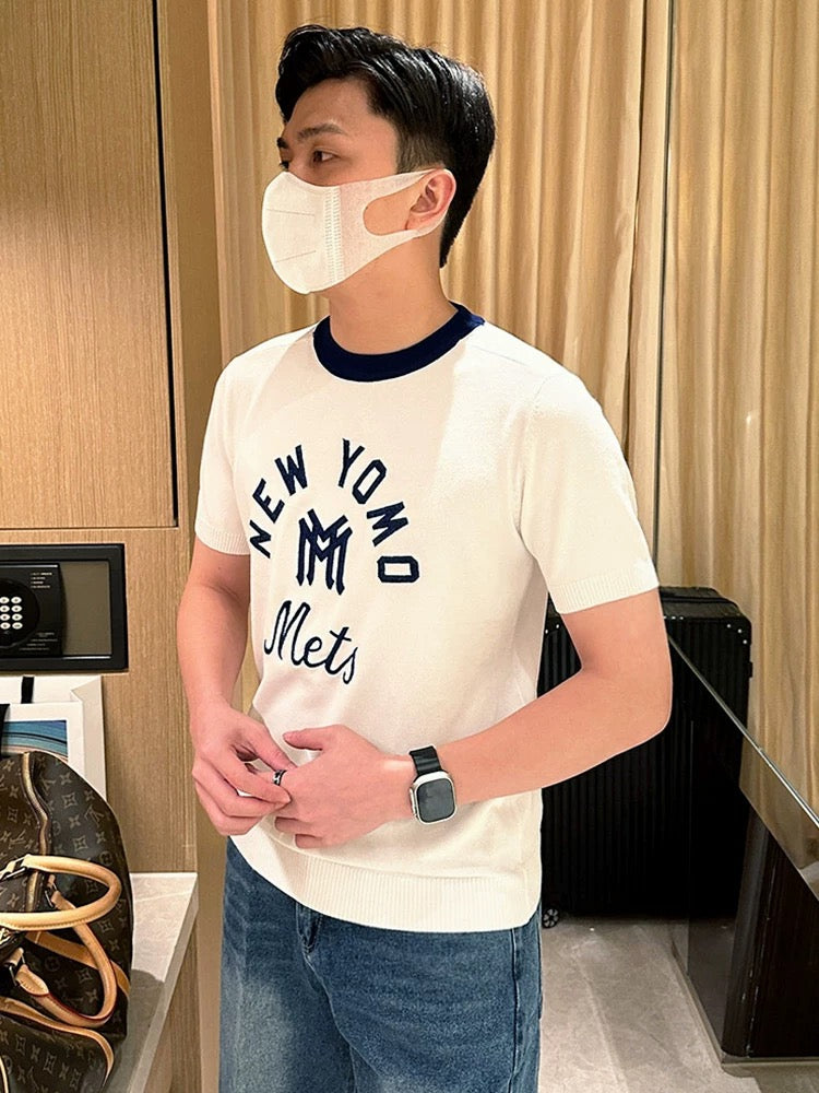 Summer new casual personalized letter embroidered white T-shirt men's fashion high-end slim round neck knitted short sleeve men