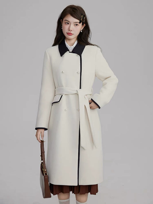Volstagg white woolen coat for women autumn and winter Korean waist style high-end mid-length woolen coat