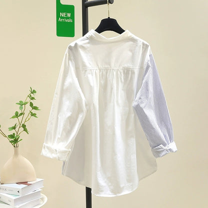 Design blue striped white shirt for women 2024 spring and autumn new style literary loose age-reducing shirt tops