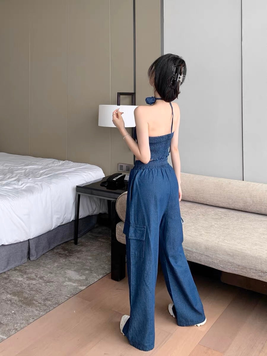 Fried street suit female summer pure desire hot girl tube top suspender top + tooling casual wide-leg pants handsome two-piece set
