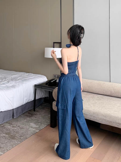 Fried street suit female summer pure desire hot girl tube top suspender top + tooling casual wide-leg pants handsome two-piece set