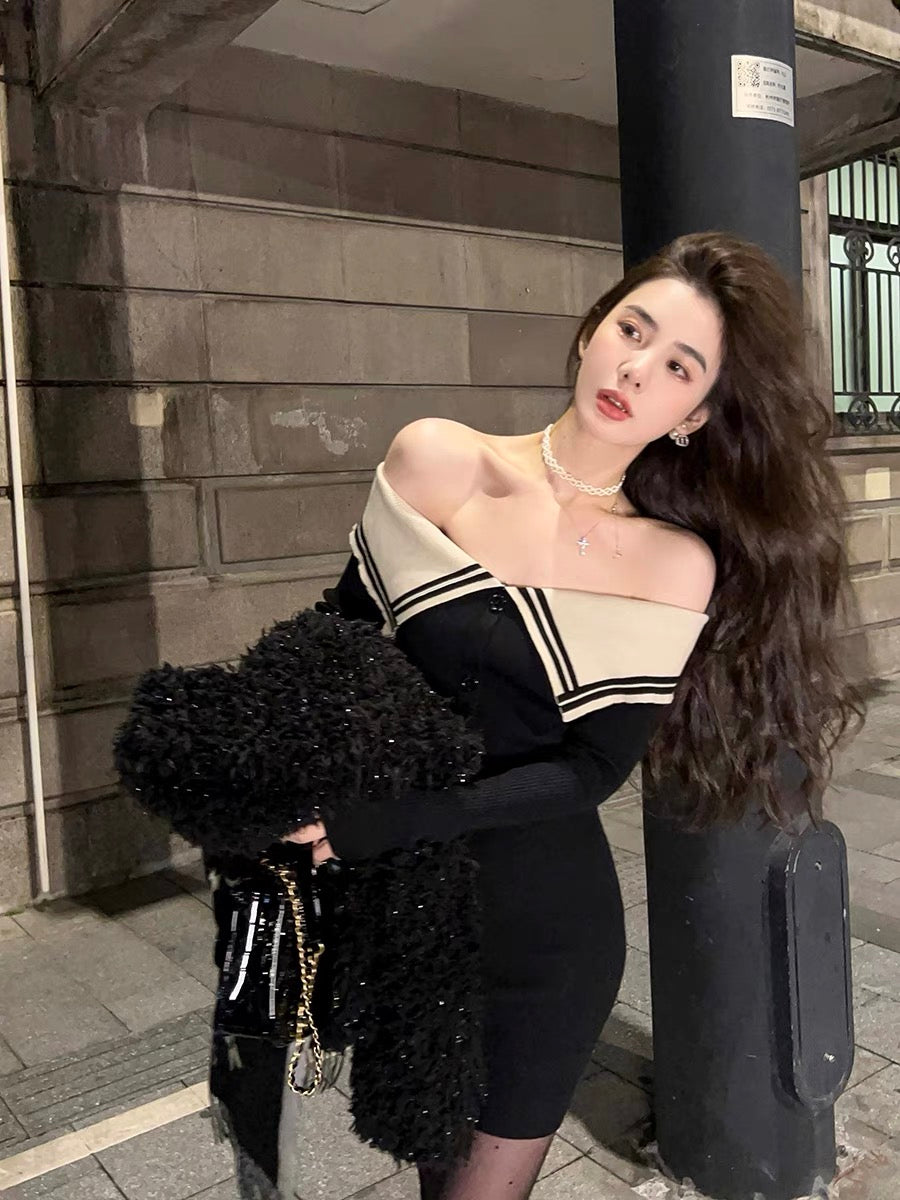 Qiu Rouyao's sweet and spicy pure desire one-line collar high waist short skirt niche slimming high-end dress for petite women (B1910)