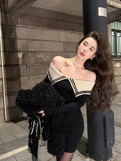 Qiu Rouyao's sweet and spicy pure desire one-line collar high waist short skirt niche slimming high-end dress for petite women (B1910)