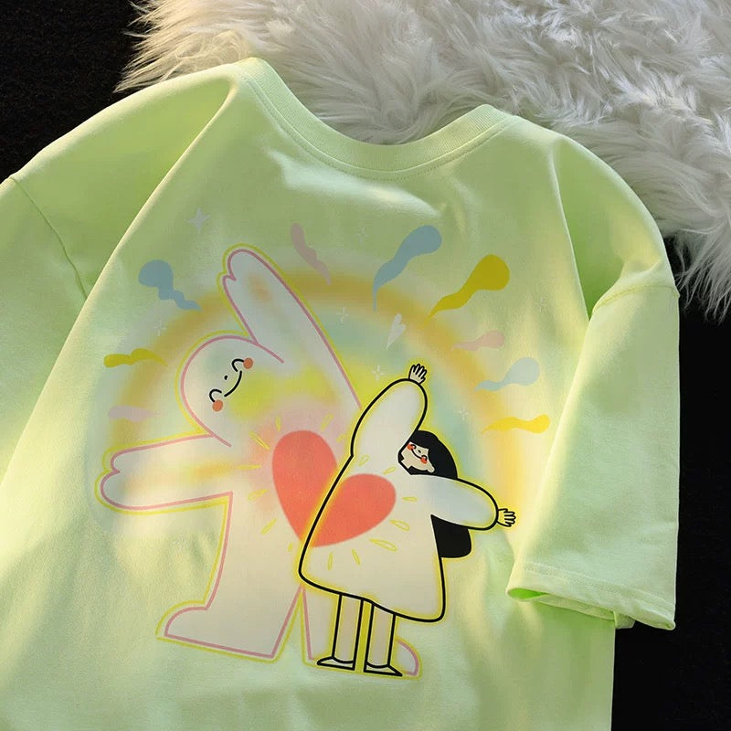 Jwneed Original cartoon trendy brand apricot short-sleeved T-shirt for women summer new couple dopamine Korean version pure cotton loose top