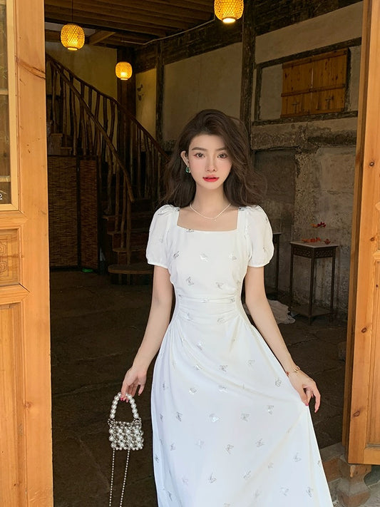 Deng Liuliu French elegant temperament white dress women's summer high-end designer style slim and slim long skirt