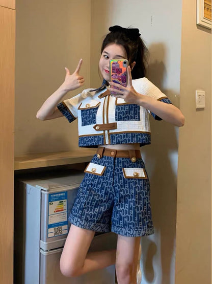 MUEL Original ◆Small fragrant style denim suit for women in summer, small Internet celebrity street casual high-end two-piece set (S036)