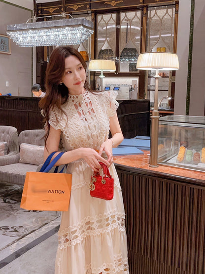 Zhang Xinzi [Dress Girl] Holiday Style Hollow Dress Women's Summer New French Romantic Waist Long Dress