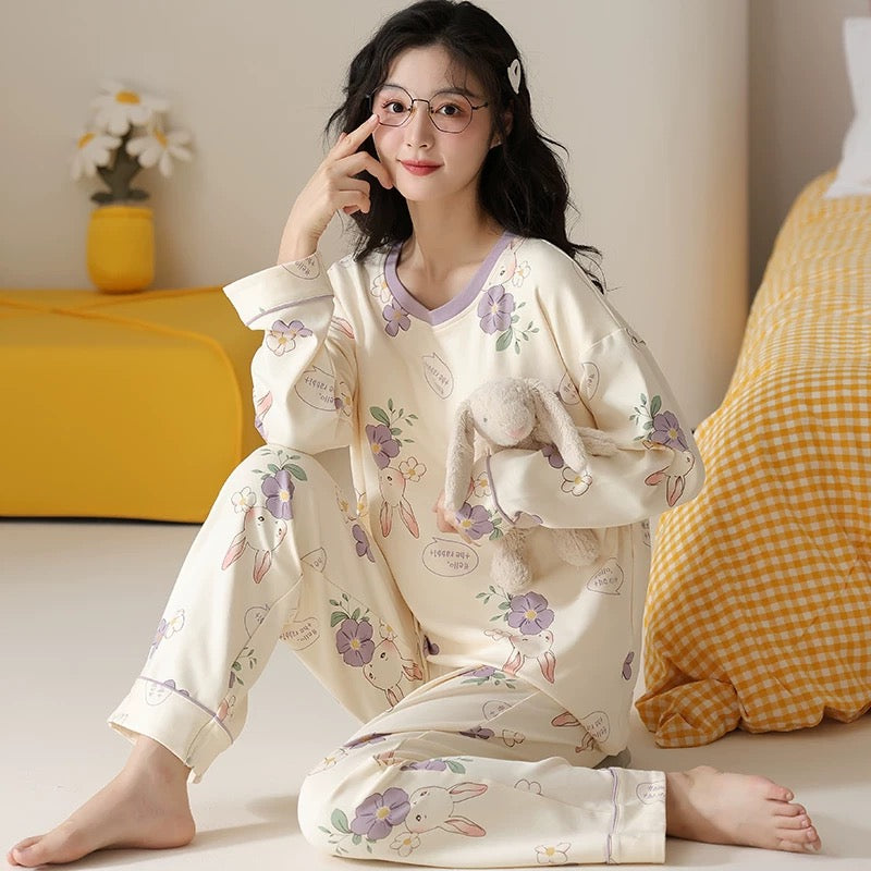 Pajamas for women Spring and Autumn 2024 new long-sleeved cotton large size summer cute autumn and winter home clothes suit