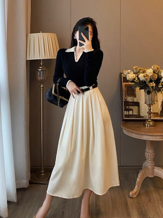Two-piece suit women's autumn clothes new western style fashionable French retro bottoming velvet dress temperament slim long skirt