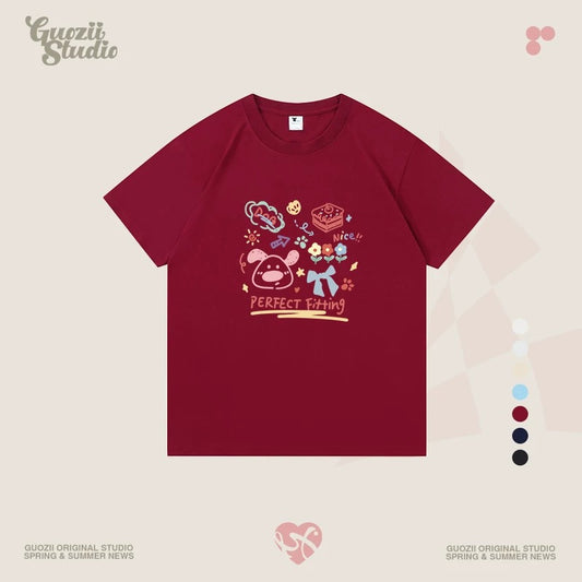 Guozii cute puppy raglan short-sleeved T-shirt female original design small oversize pure cotton top summer