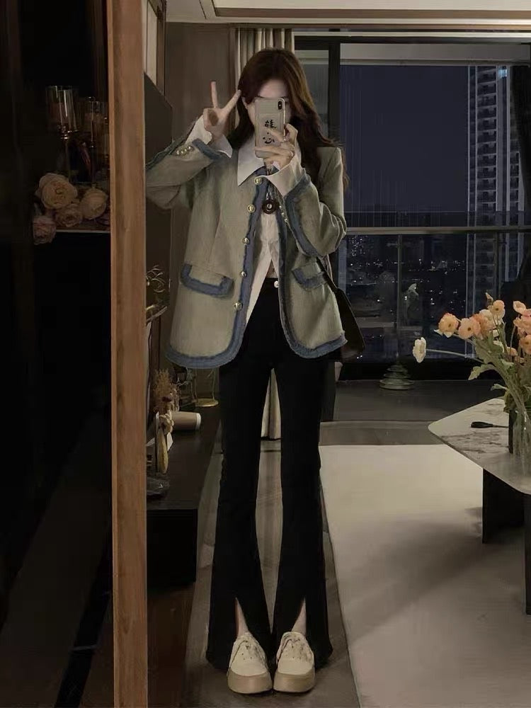 French-style small fragrance shoulder pad suit jacket women's early spring and autumn temperament high-end denim splicing top small man